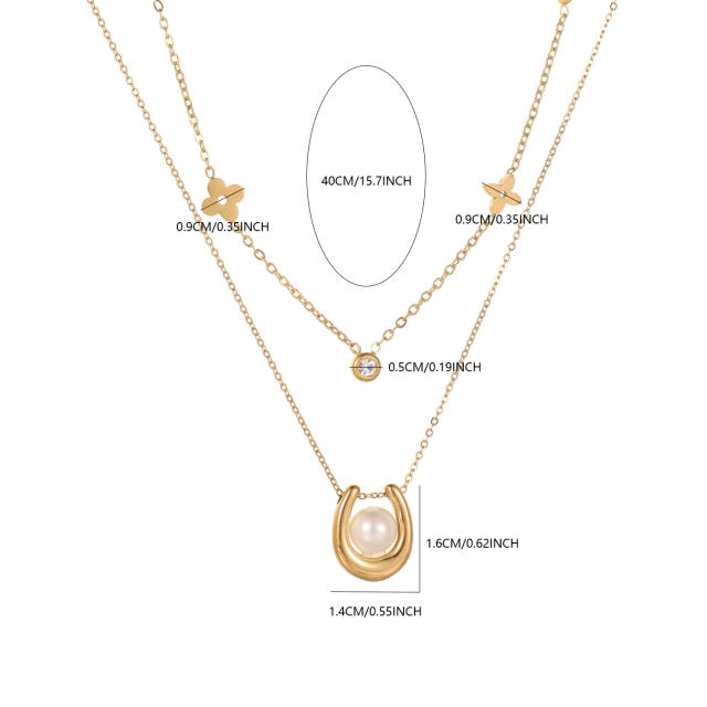 Fashionable Stainless Steel Gold-Plated Four-Leaf Clover Lucky Flower Zircon Pearl Women's Necklace