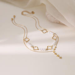 Four-Leaf Clover Lucky Flower Stainless Steel 18K Gold-Plated Star Y-Shaped Pearl Women's Necklace Combination