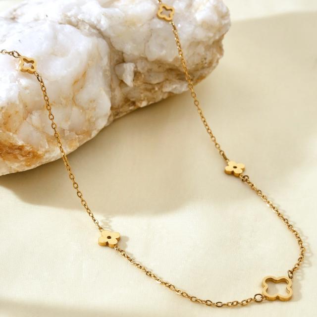 Dainty hollow out four leaf flower stainless steel necklace