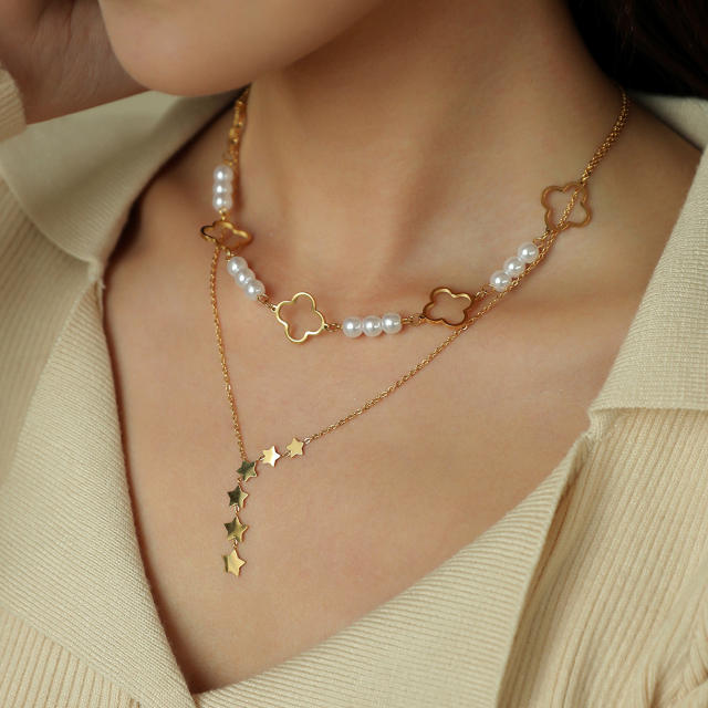 Four-Leaf Clover Lucky Flower Stainless Steel 18K Gold-Plated Star Y-Shaped Pearl Women's Necklace Combination