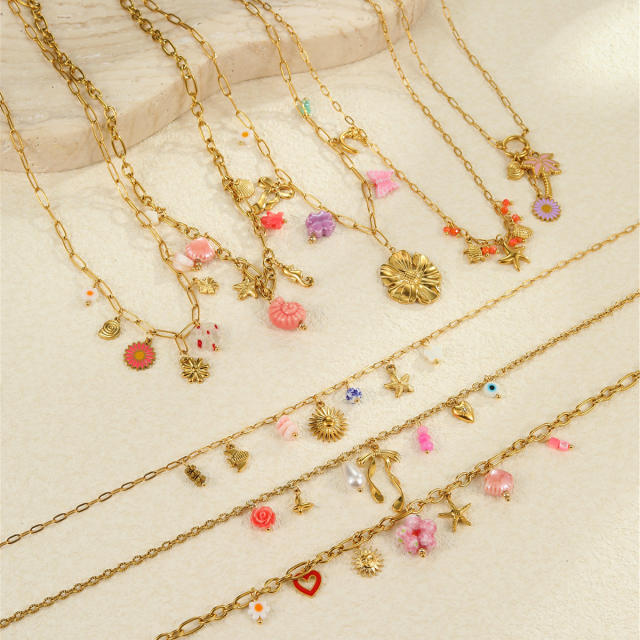 Summer ocean series enamel pink color multi element charms stainless steel necklace