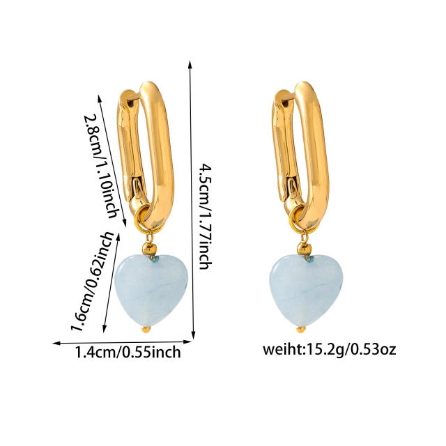 Heart shape natural stone stainless steel u shape earrings