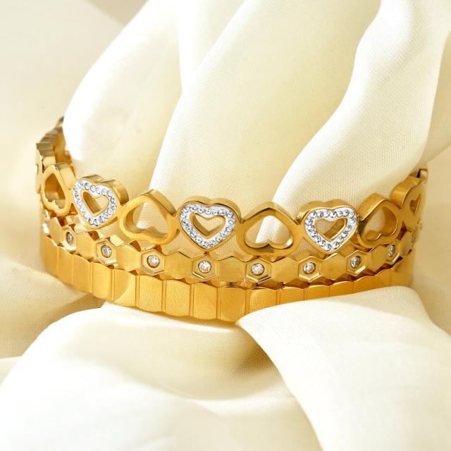 18KG concise hollow out diamond heart stainless steel bangle bacelet