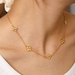 Designer hollow out four leaf flower lucky flower stainless steel necklace