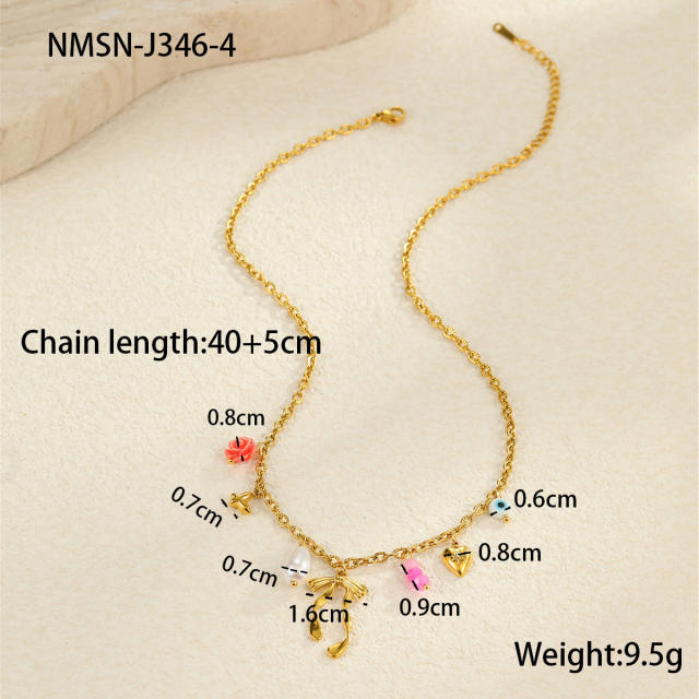 Summer ocean series enamel pink color multi element charms stainless steel necklace