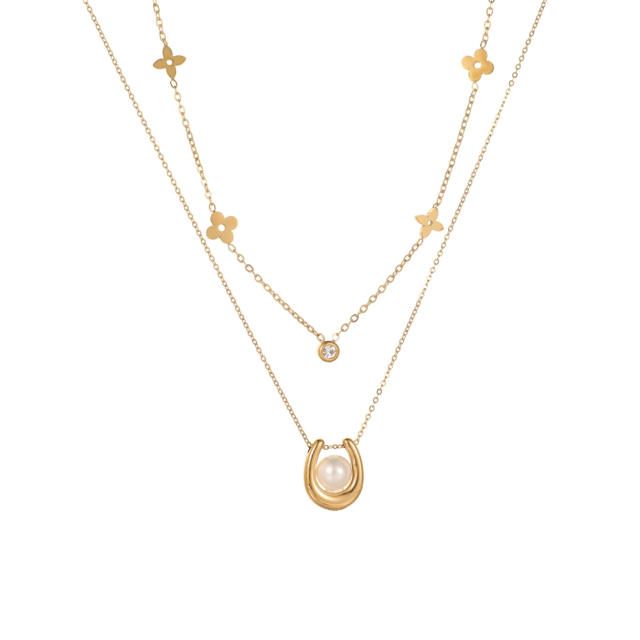 Fashionable Stainless Steel Gold-Plated Four-Leaf Clover Lucky Flower Zircon Pearl Women's Necklace