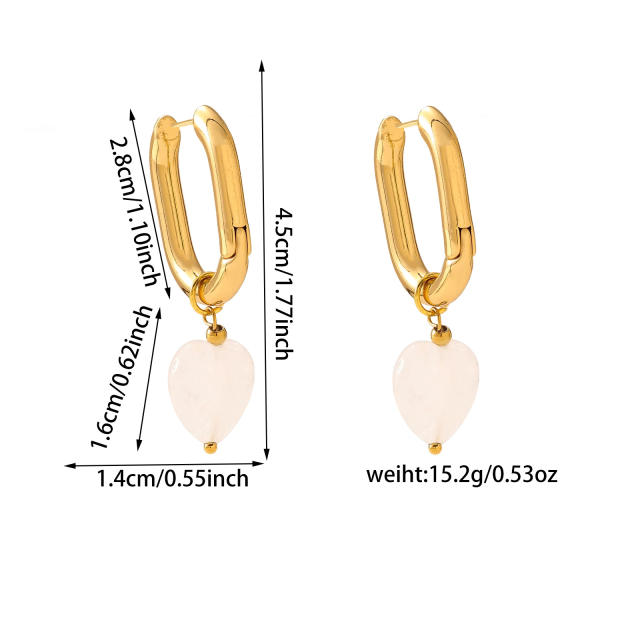 Heart shape natural stone stainless steel u shape earrings
