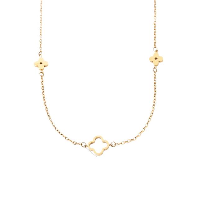 Dainty hollow out four leaf flower stainless steel necklace