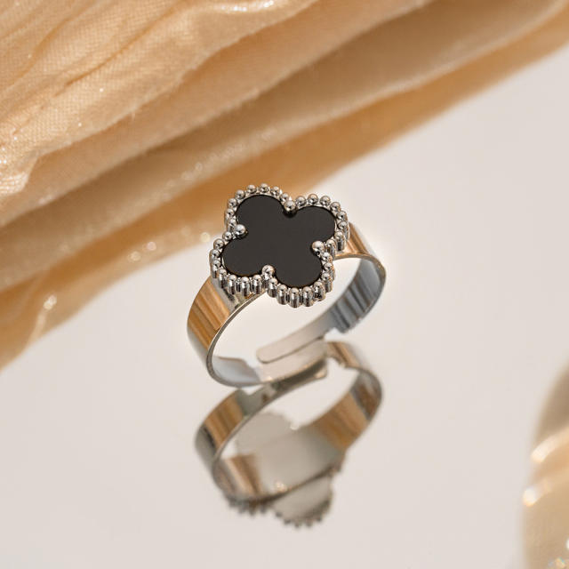 Silver color enamel four leaf clover stainless steel rings