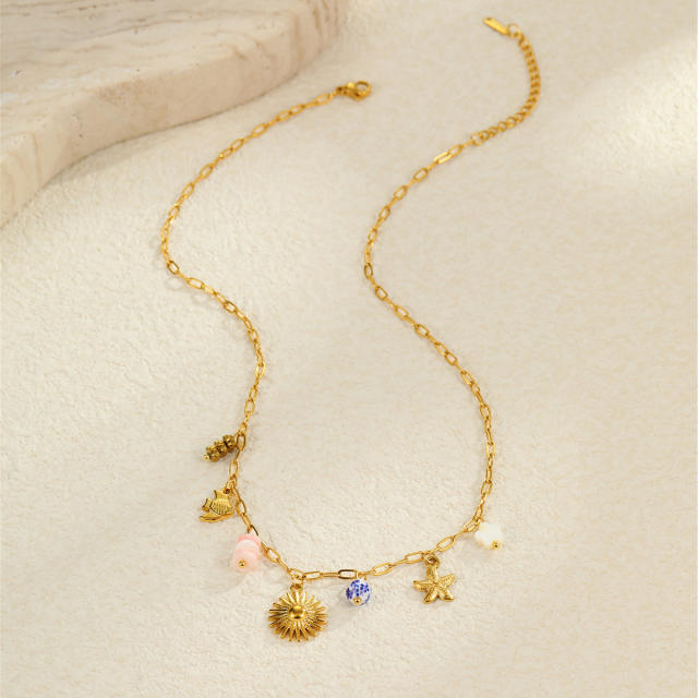 Summer ocean series enamel pink color multi element charms stainless steel necklace