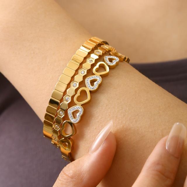 18KG concise hollow out diamond heart stainless steel bangle bacelet
