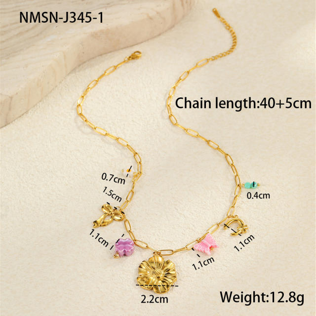 Summer ocean series enamel pink color multi element charms stainless steel necklace