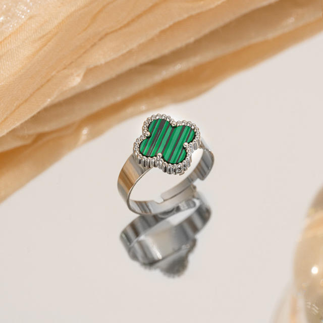 Silver color enamel four leaf clover stainless steel rings