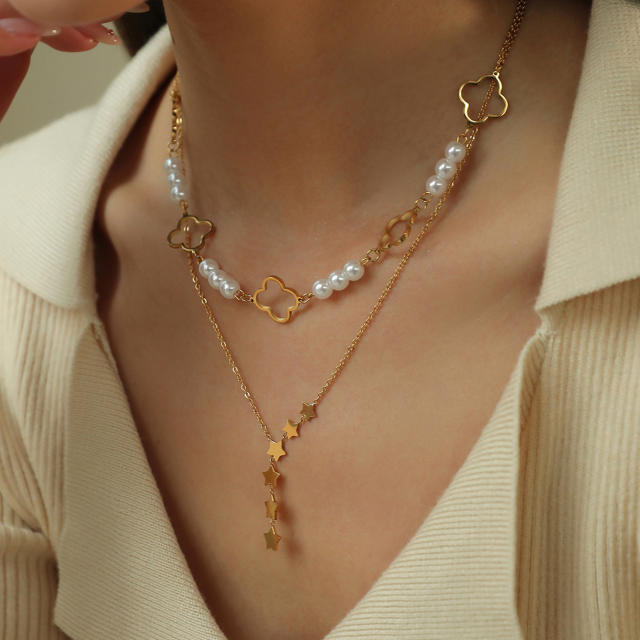 Four-Leaf Clover Lucky Flower Stainless Steel 18K Gold-Plated Star Y-Shaped Pearl Women's Necklace Combination