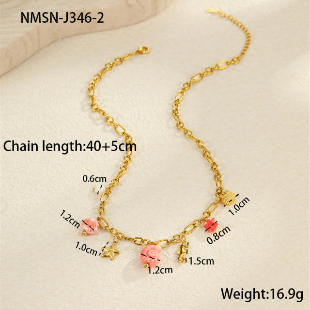Summer ocean series enamel pink color multi element charms stainless steel necklace