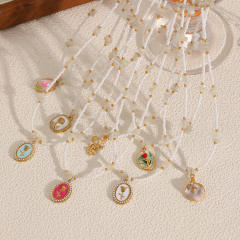 Colorful enamel flower pendant Stainless Steel Necklace Women's bead chain necklace