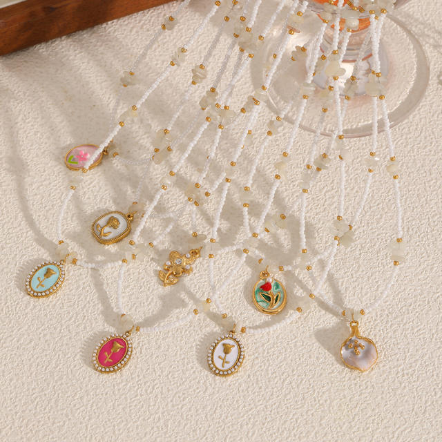Colorful enamel flower pendant Stainless Steel Necklace Women's bead chain necklace