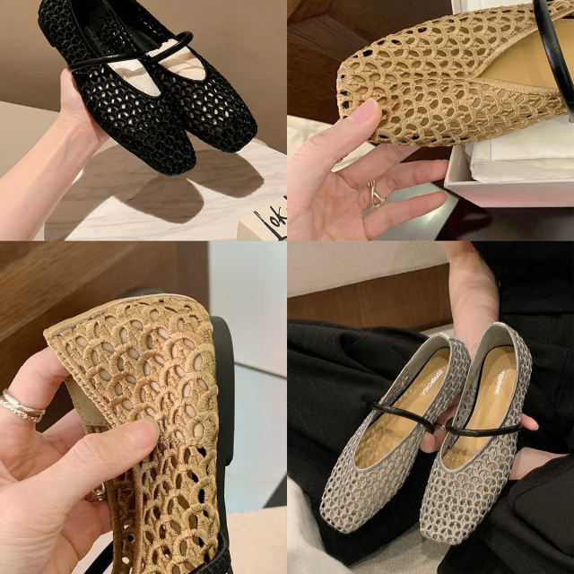 2025 Summer New French Square Head Hollow Woven One-character Belt sandals