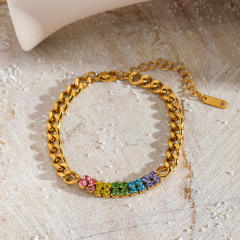 Colorful cubic zircon inlaid cuban link chain stainless steel bracelet