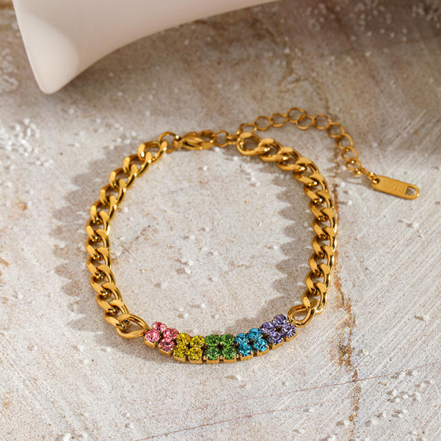 Colorful cubic zircon inlaid cuban link chain stainless steel bracelet