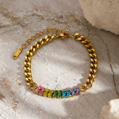 Colorful cubic zircon inlaid cuban link chain stainless steel bracelet