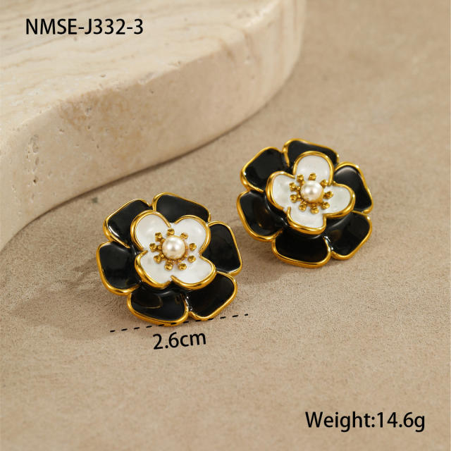 Elegant enamel Camellia Flower stainless steel Necklace earrings suit