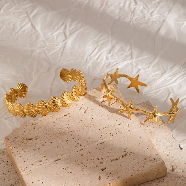 Stainless steel cuff bangle bracelet fashion starfish sea shell marine holiday jewelry