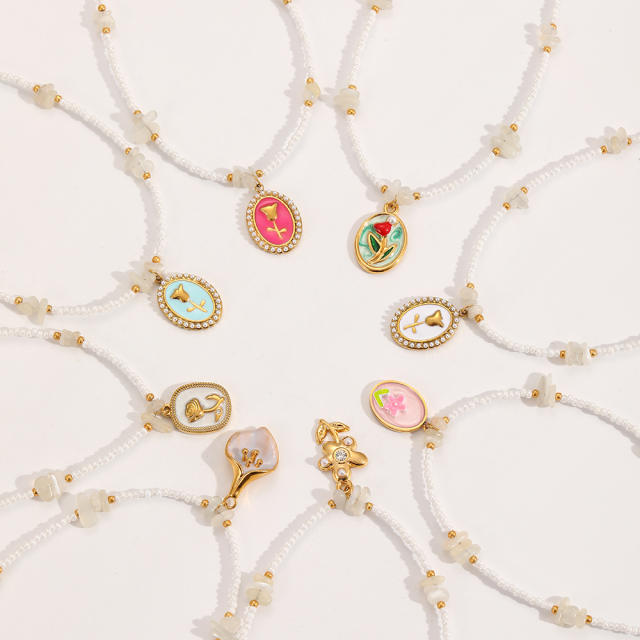 Colorful enamel flower pendant Stainless Steel Necklace Women's bead chain necklace