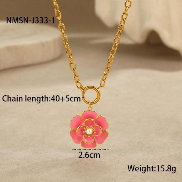 Elegant enamel Camellia Flower stainless steel Necklace earrings suit