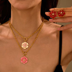 Elegant enamel Camellia Flower stainless steel Necklace earrings suit