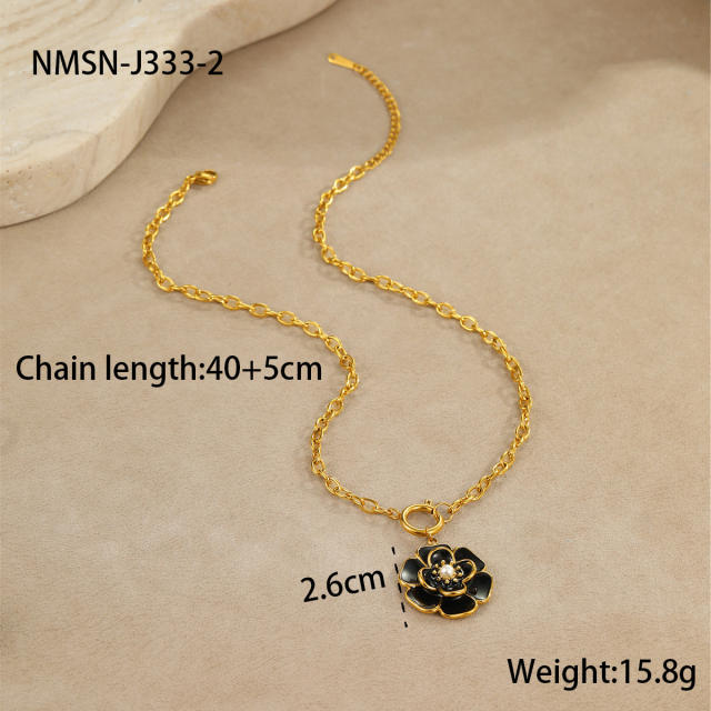 Elegant enamel Camellia Flower stainless steel Necklace earrings suit