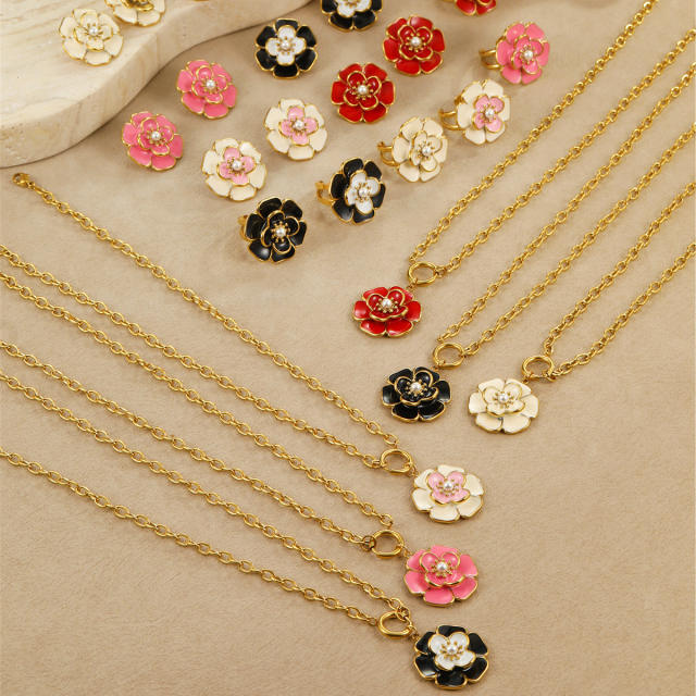 Elegant enamel Camellia Flower stainless steel Necklace earrings suit
