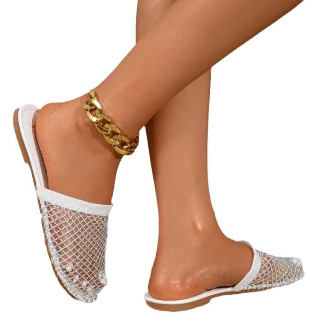 Women's New Breathable Rhinestone Sexy Fishing Net Flat Beach Roman Shoes Slipper