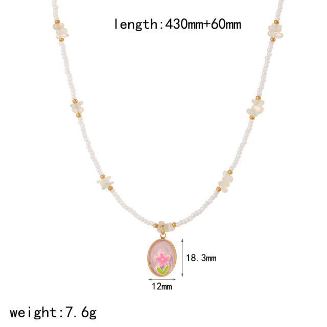 Colorful enamel flower pendant Stainless Steel Necklace Women's bead chain necklace