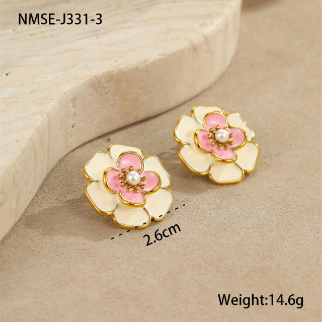 Elegant enamel Camellia Flower stainless steel Necklace earrings suit