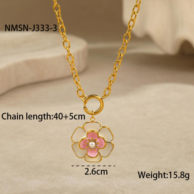 Elegant enamel Camellia Flower stainless steel Necklace earrings suit