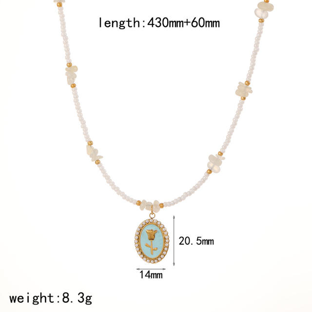 Colorful enamel flower pendant Stainless Steel Necklace Women's bead chain necklace
