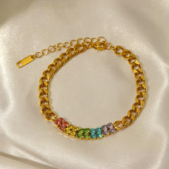 Colorful cubic zircon inlaid cuban link chain stainless steel bracelet