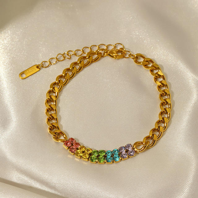 Colorful cubic zircon inlaid cuban link chain stainless steel bracelet