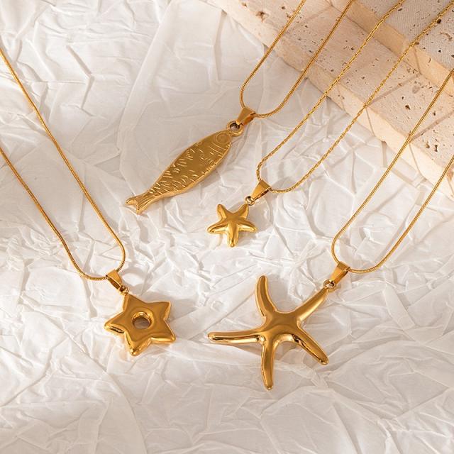 Stainless Steel Necklace Ocean Vacation Style Trendy Starfish fish Pendant Necklace for Men Women