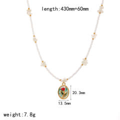 Colorful enamel flower pendant Stainless Steel Necklace Women's bead chain necklace