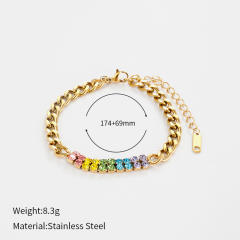 Colorful cubic zircon inlaid cuban link chain stainless steel bracelet