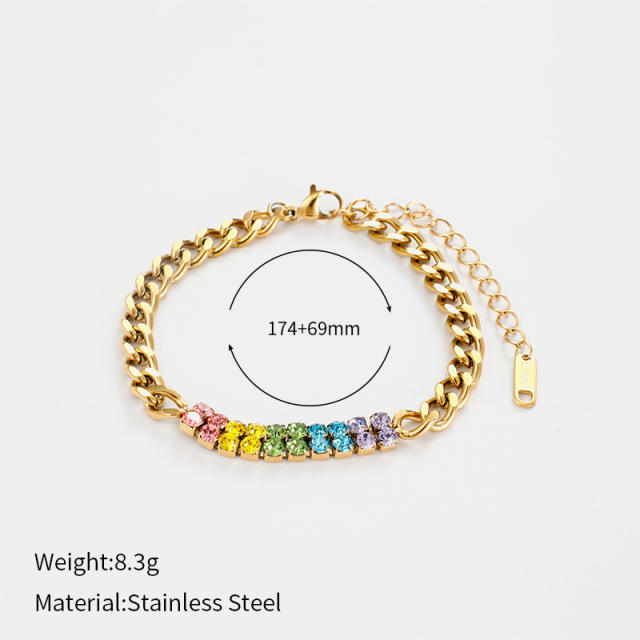 Colorful cubic zircon inlaid cuban link chain stainless steel bracelet