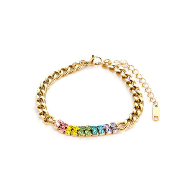 Colorful cubic zircon inlaid cuban link chain stainless steel bracelet