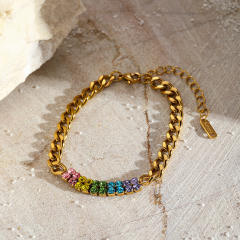 Colorful cubic zircon inlaid cuban link chain stainless steel bracelet