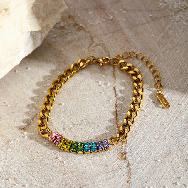 Colorful cubic zircon inlaid cuban link chain stainless steel bracelet