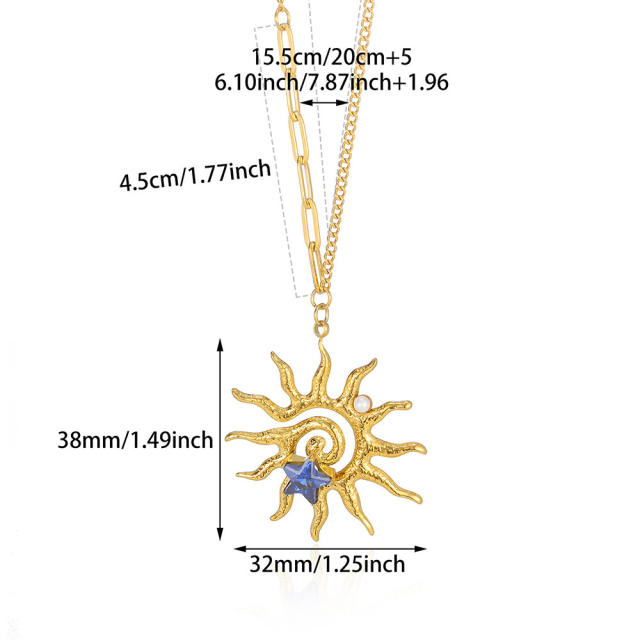 Stainless Steel Hammer Spiral Sun Pendant Necklace