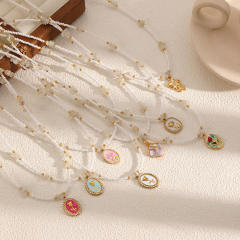 Colorful enamel flower pendant Stainless Steel Necklace Women's bead chain necklace