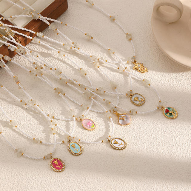 Colorful enamel flower pendant Stainless Steel Necklace Women's bead chain necklace