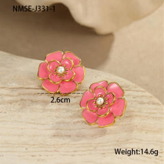 Elegant enamel Camellia Flower stainless steel Necklace earrings suit